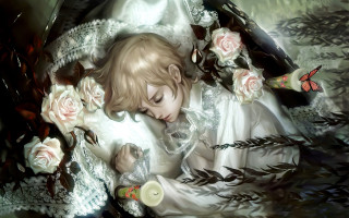 Girl flowers candle laying painting - over her free wallpaper
