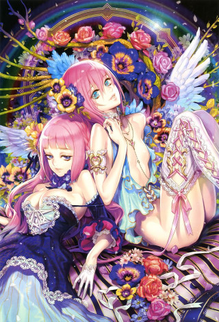 Anime girls bed flowers butterfly - an album cover free wallpaper