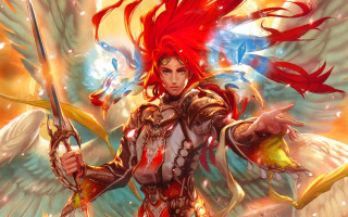 Woman red hair sword wings - du jin free wallpaper