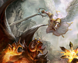 Woman sword wings dragon demon - a painting of a woman free wallpaper