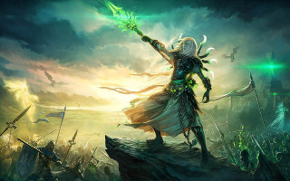 Man green staff rock forest - other person free wallpaper