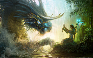 Woman dragon woods light sword - dragon art free wallpaper