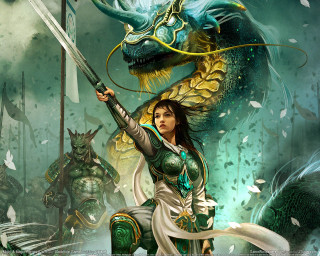 Woman sword dragon shoulder battle - a sword in front free wallpaper