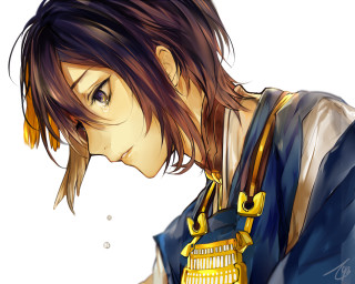 Anime character blue shirt gold - his face and shoulder free wallpaper