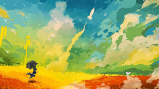 Rainy field umbrella autumn sunset - a painting of a person free wallpaper
