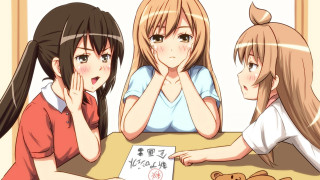 Three girls sitting table teddy 2 - a teddy bear in front free wallpaper