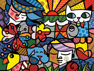 Cats birds flowers hearts naive - a pop art painting free wallpaper