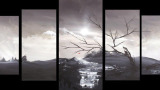 River trees sky clouds sun - a painting of a river free wallpaper