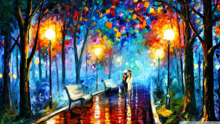 Couple umbrella tree colorful lights - impressionist painting free wallpaper
