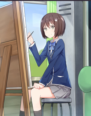Girl sitting chair easel painting - a chair in front free wallpaper