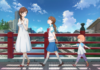 Girls walking street red fence - a river in the background free wallpaper