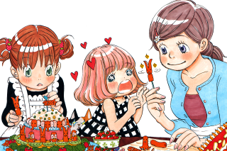 Three girls table cake candles - the shape of a heart free wallpaper