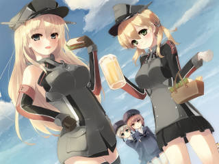 Anime girls beer cat field - a sky background free wallpaper for desktop
