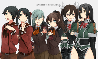 Anime girls group arms around - their back free wallpaper