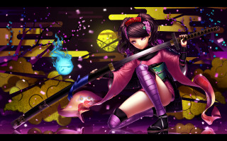 Woman sword demon purple background - art free wallpaper for desktop