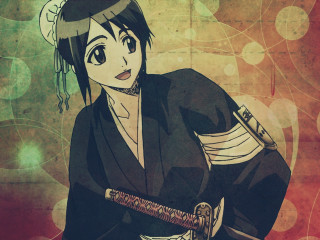 Woman kimono sword circles background - shin hanga free wallpaper
