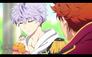 Purple hair holding cake anime - a white shirt holding free wallpaper