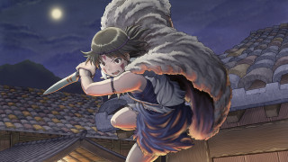 Woman sword flying rooftop night - a full moon in the background free wallpaper