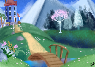 House bridge field tree mountain - bob ross free wallpaper