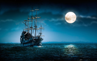 Ship ocean full moon sky 5 - dark atmosphere free wallpaper