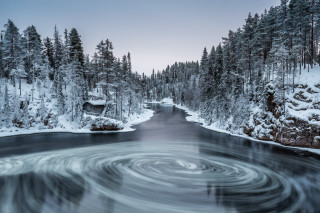 River snowy trees cabin mist - mist free wallpaper