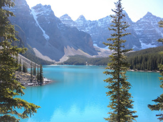 Lake mountains trees blue water 4 - a blue water free wallpaper
