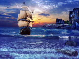 Ship castle sunset bird ocean - near free wallpaper for desktop