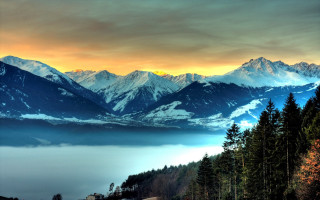 Mountain lake forest sunset foggy - sunrise free wallpaper