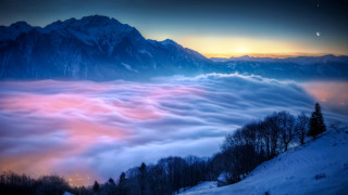 Mountain clouds fullmoon pinksky trees - a full moon in the distance free wallpaper