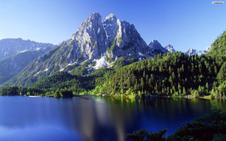 Mountain lake trees background blue 7 - tree and mountains free wallpaper
