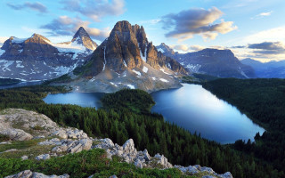 Mountain lake trees clouds snow - tree and mountains free wallpaper