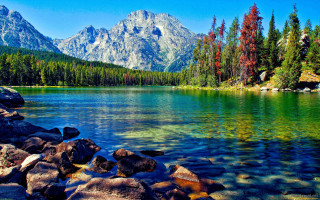 Mountain lake trees rocks foreground 4 - a clear blue sky in the background free wallpaper