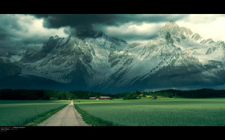 Road field mountain barn cloudy - a matte painting free wallpaper for desktop