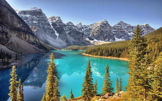 Lake mountains trees blue water 5 - blue water free wallpaper
