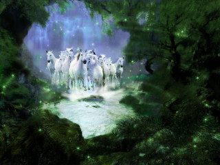 White horses running forest trees - matte fantasy painting free wallpaper