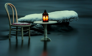 Table chair lantern snow small - surreal photography free wallpaper