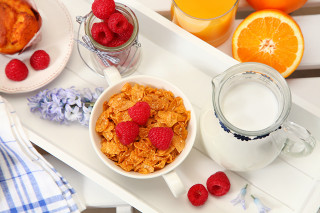 Cereal raspberries oranges tray milk - a bowl of cereal free wallpaper