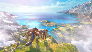 Large bird hillside lake mountains - game art free wallpaper