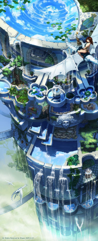 Futuristic city waterfall surfboard woman - free architecture wallpaper