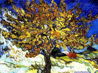 Tree yellow leaves snow ground - postimpressionism free wallpaper