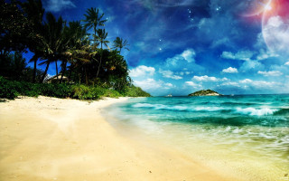Beach water trees stars clouds - beach free wallpaper