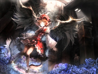 Woman wings red dress blue - gothic free wallpaper for desktop