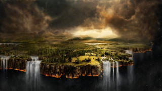 Waterfall forest lake trees painting - a lake below free wallpaper