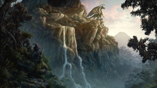 Waterfall dragon man horse painting - a horse in the foreground free wallpaper