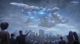 Futuristic flying object city night - a cityscape in the background free wallpaper