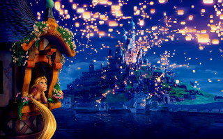 Tangled lanterns castle lake fairy - lantern free wallpaper