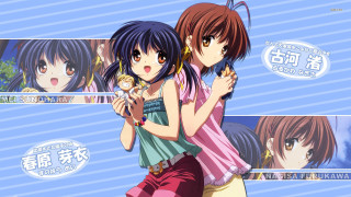 Anime girls hugging blue background 3 - a blue sky behind them free wallpaper