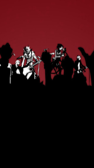 Silhouette musicians red background black - against free wallpaper