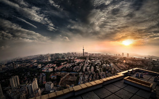 City skyline cloudy bench rooftop - bian jingzhao free wallpaper