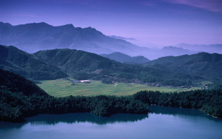 Lake mountains forest village scenery - the other side of the lake free wallpaper